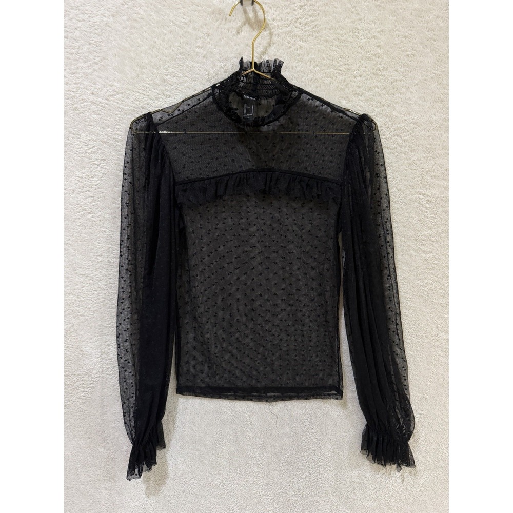 Forever 21 Black Sheer Lace Blouse Small Long Sleeve Mock Neck Floral Ruffle